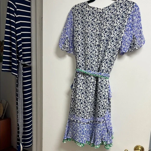 Tanya Taylor Blue and Green Silk Floral Wrap Mini Dress Flutter Sleeve 12 Med - Picture 7 of 11